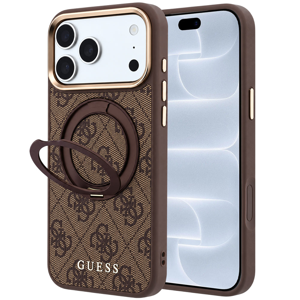 Coque MagSafe pour Apple iPhone 18 Pro / 17 Pro, Guess, Support Anneau 360 4G Logo Classique, Marron