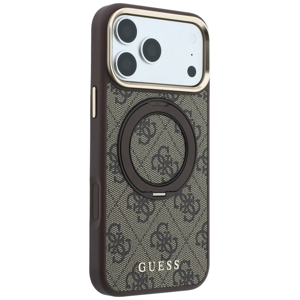 Coque MagSafe pour Apple iPhone 18 Pro / 17 Pro, Guess, Support Anneau 360 4G Logo Classique, Marron