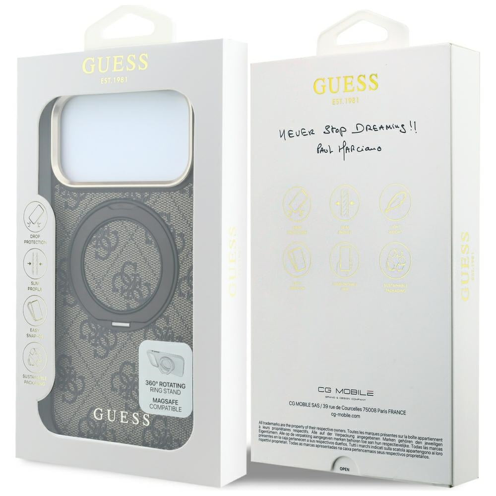 Coque MagSafe pour Apple iPhone 18 Pro / 17 Pro, Guess, Support Anneau 360 4G Logo Classique, Marron