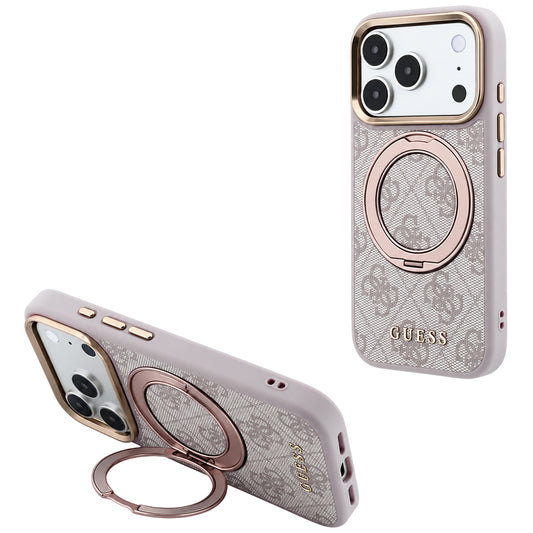 Coque MagSafe pour Apple iPhone 18 Pro / 17 Pro, Guess, Support Anneau 360 4G Logo Classique, Rose
