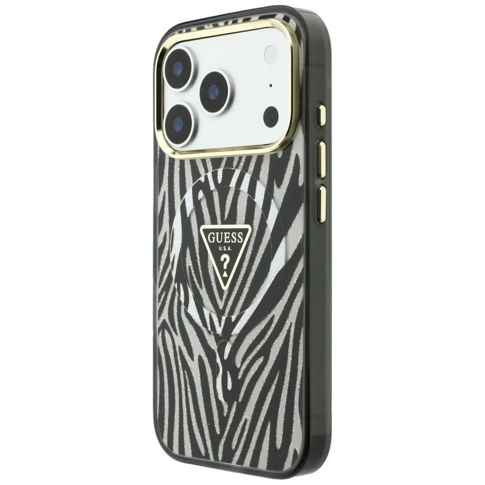 Coque MagSafe pour Apple iPhone 18 Pro / 17 Pro, Guess, Logo Triangle Paillettes Zèbre, Argentée