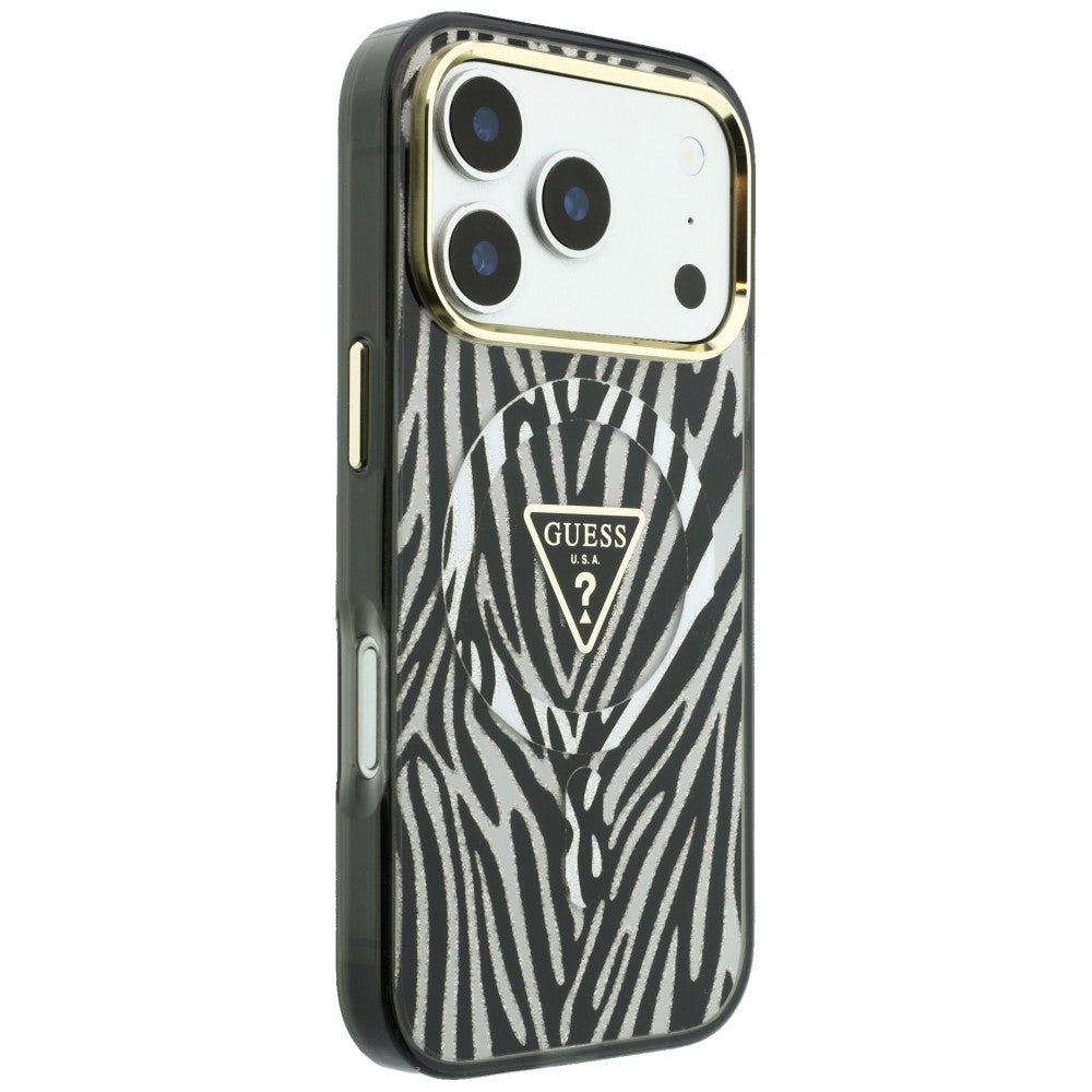 Coque MagSafe pour Apple iPhone 18 Pro / 17 Pro, Guess, Logo Triangle Paillettes Zèbre, Argentée