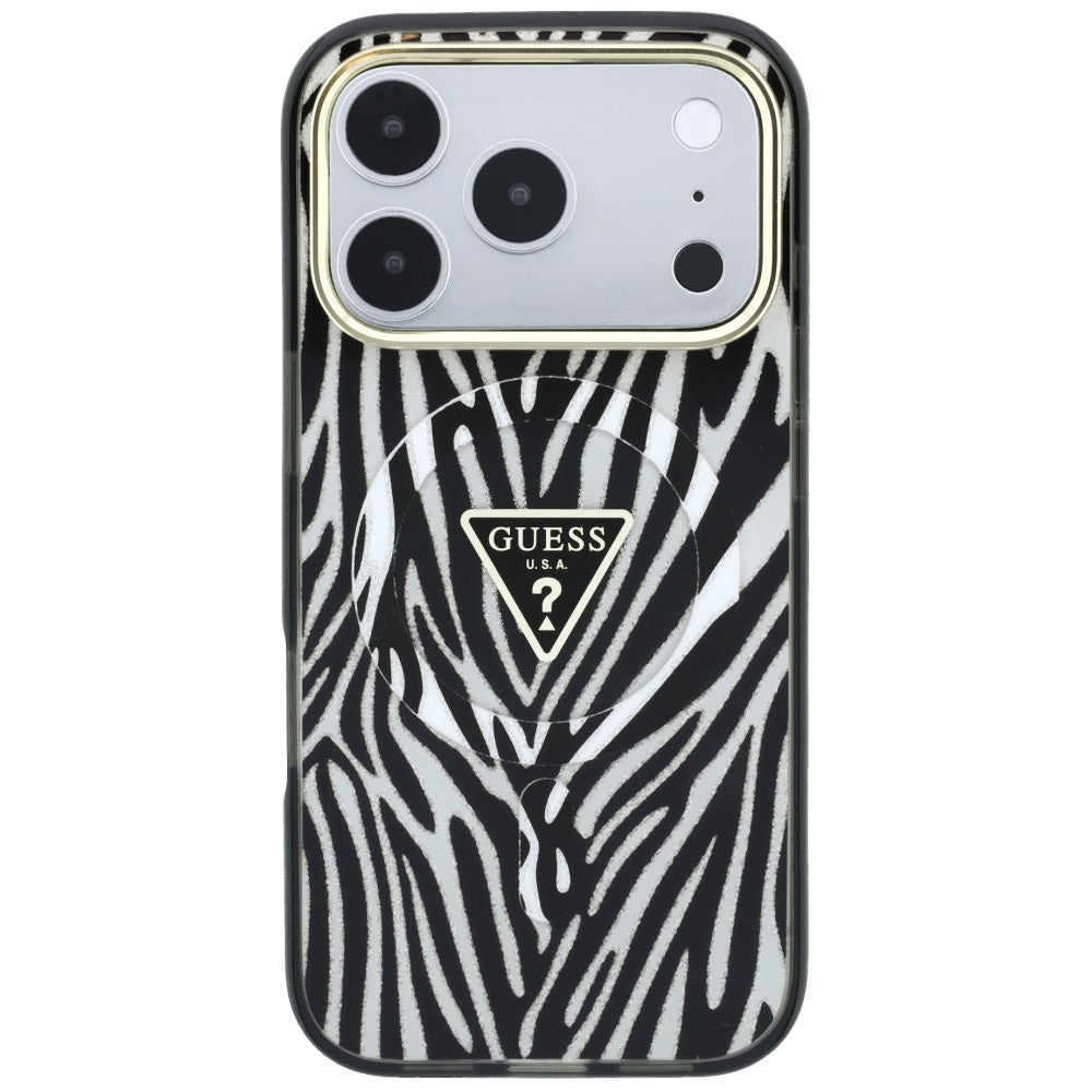 Coque MagSafe pour Apple iPhone 18 Pro / 17 Pro, Guess, Logo Triangle Paillettes Zèbre, Argentée