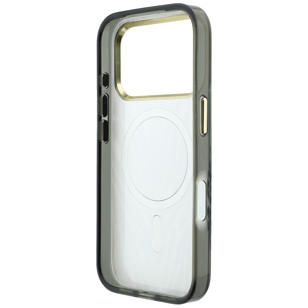 Coque MagSafe pour Apple iPhone 18 Pro / 17 Pro, Guess, Logo Triangle Paillettes Zèbre, Argentée