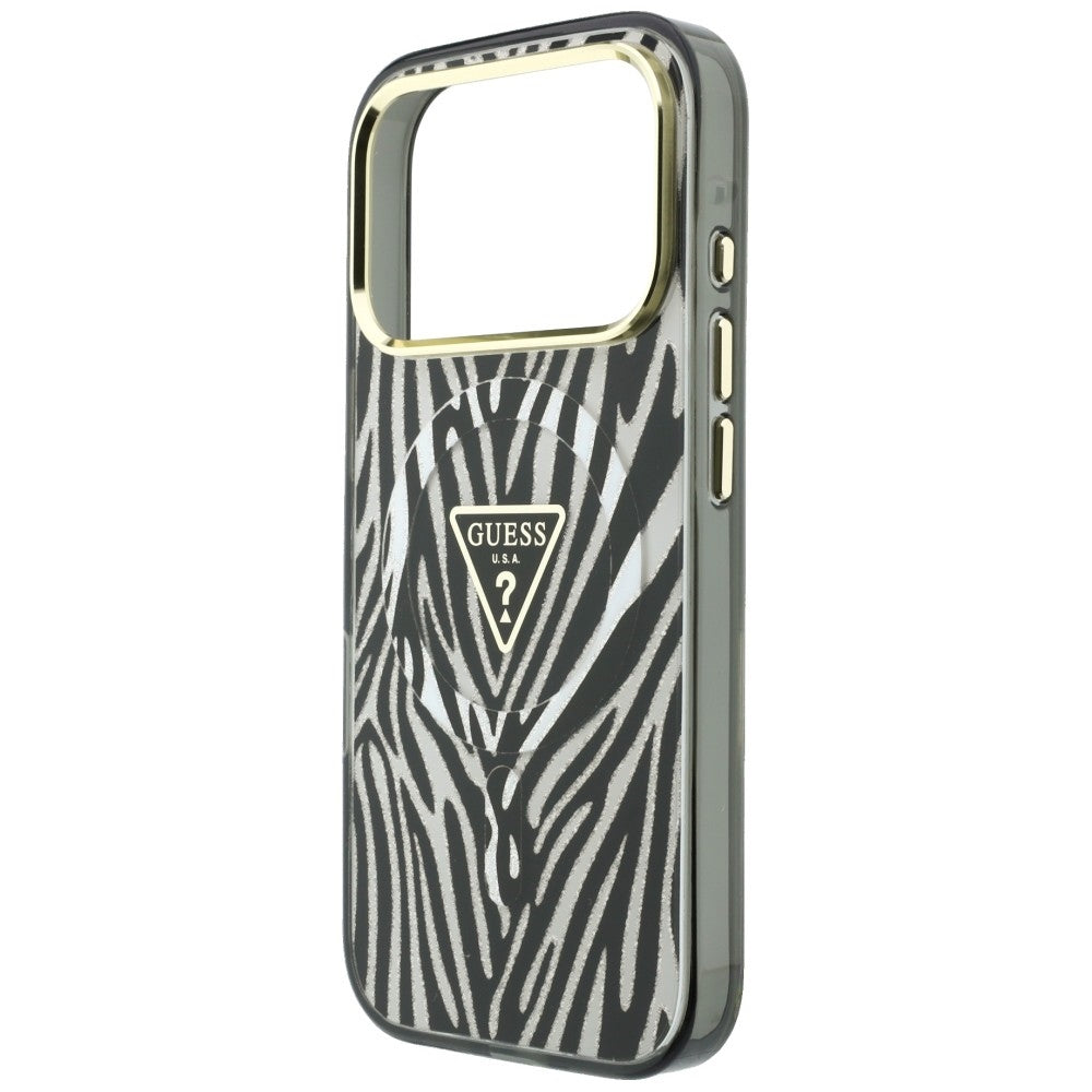 Coque MagSafe pour Apple iPhone 18 Pro / 17 Pro, Guess, Logo Triangle Paillettes Zèbre, Argentée