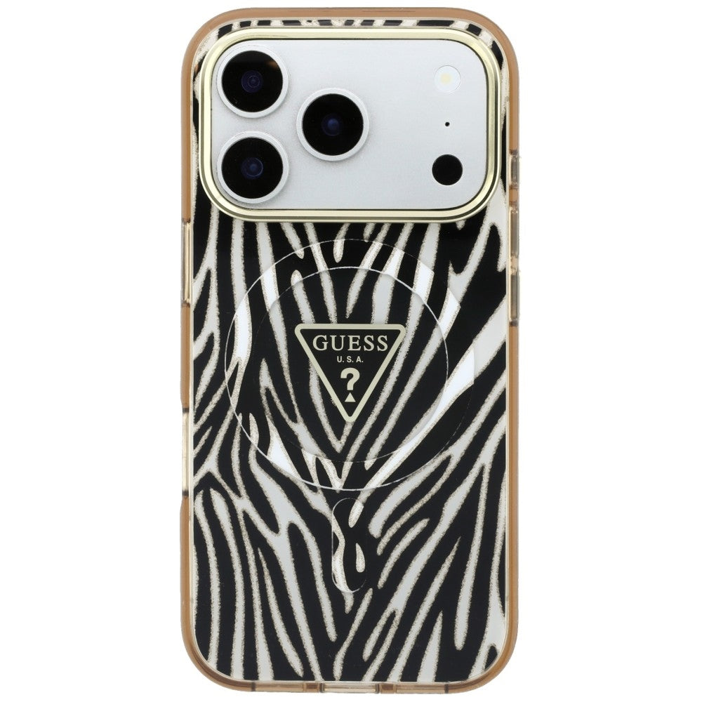Coque MagSafe pour Apple iPhone 18 Pro / 17 Pro, Guess, Logo Triangle Paillettes Zèbre, Dorée
