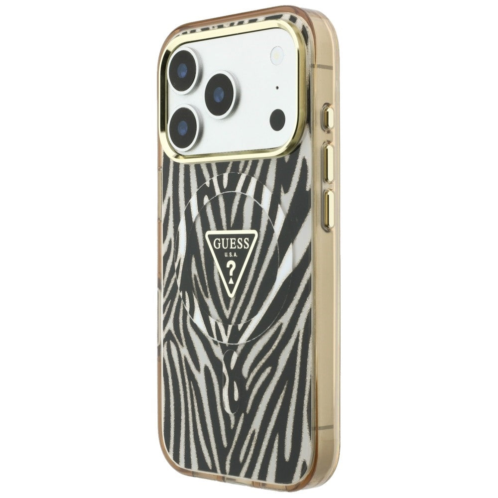 Coque MagSafe pour Apple iPhone 18 Pro / 17 Pro, Guess, Logo Triangle Paillettes Zèbre, Dorée