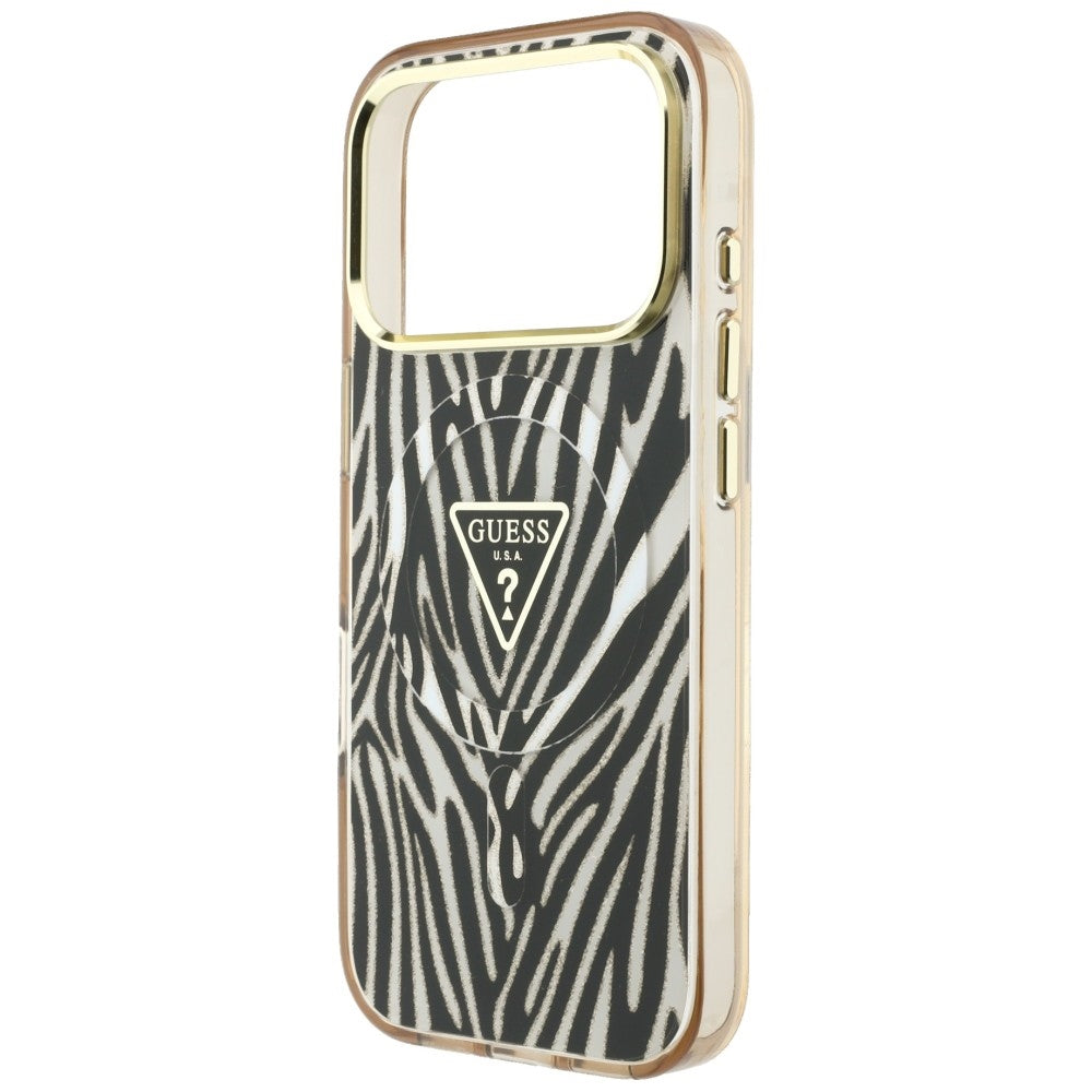 Coque MagSafe pour Apple iPhone 18 Pro / 17 Pro, Guess, Logo Triangle Paillettes Zèbre, Dorée