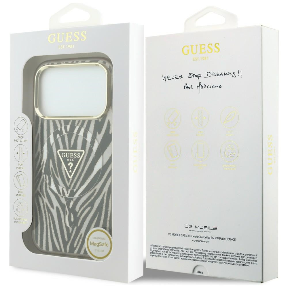 Coque MagSafe pour Apple iPhone 18 Pro / 17 Pro, Guess, Logo Triangle Paillettes Zèbre, Dorée