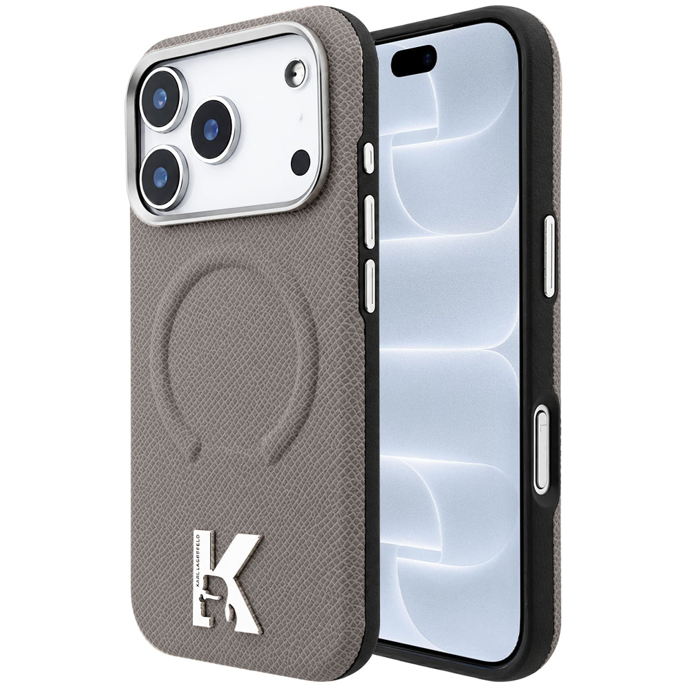 Coque MagSafe pour Apple iPhone 18 Pro / 17 Pro, Karl Lagerfeld, Anneau Gaufré Grainé, Beige