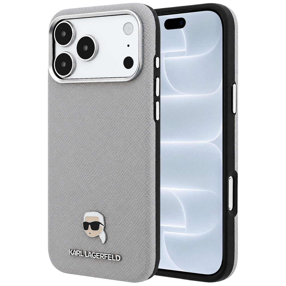 Coque MagSafe pour Apple iPhone 18 Pro / 17 Pro, Karl Lagerfeld, Métal Grainé Tête de Karl, Gris