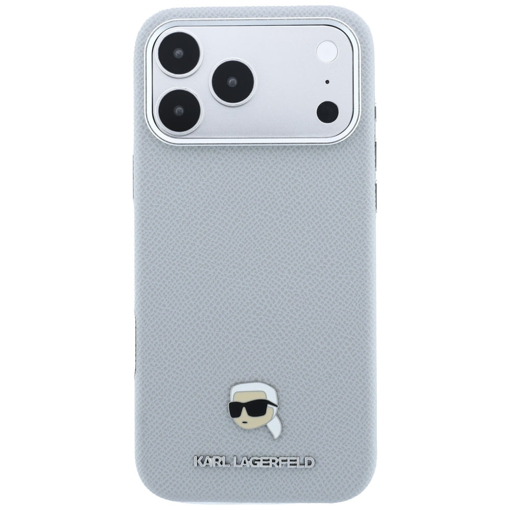 Coque MagSafe pour Apple iPhone 18 Pro / 17 Pro, Karl Lagerfeld, Métal Grainé Tête de Karl, Gris