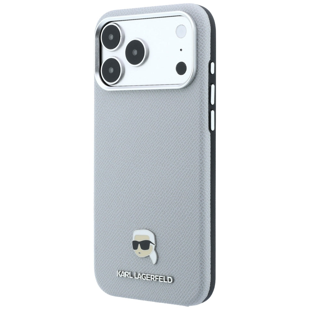 Coque MagSafe pour Apple iPhone 18 Pro / 17 Pro, Karl Lagerfeld, Métal Grainé Tête de Karl, Gris