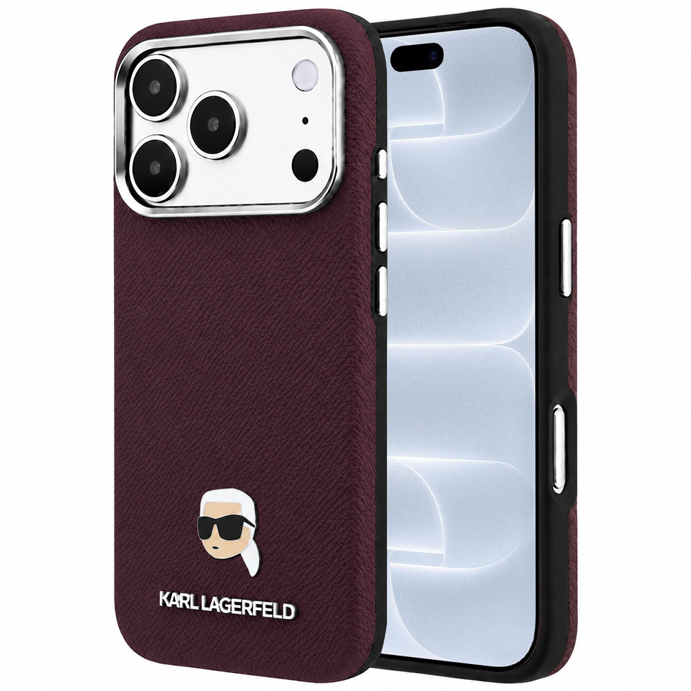 MagSafe Case for Apple iPhone 18 Pro / 17 Pro, Karl Lagerfeld, Grained Karl Head's Metal, Burgundy