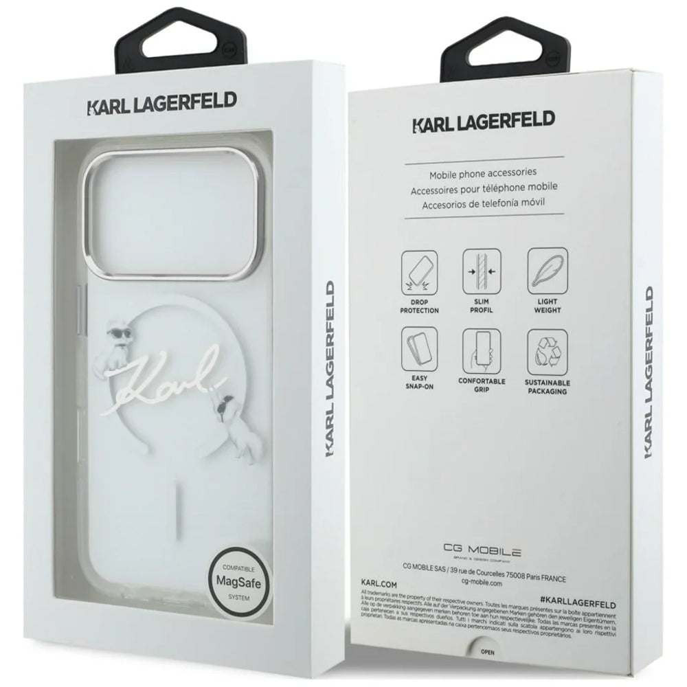 Coque MagSafe pour Apple iPhone 18 Pro / 17 Pro, Karl Lagerfeld, IML Choupette Karl Script Logo, Transparente