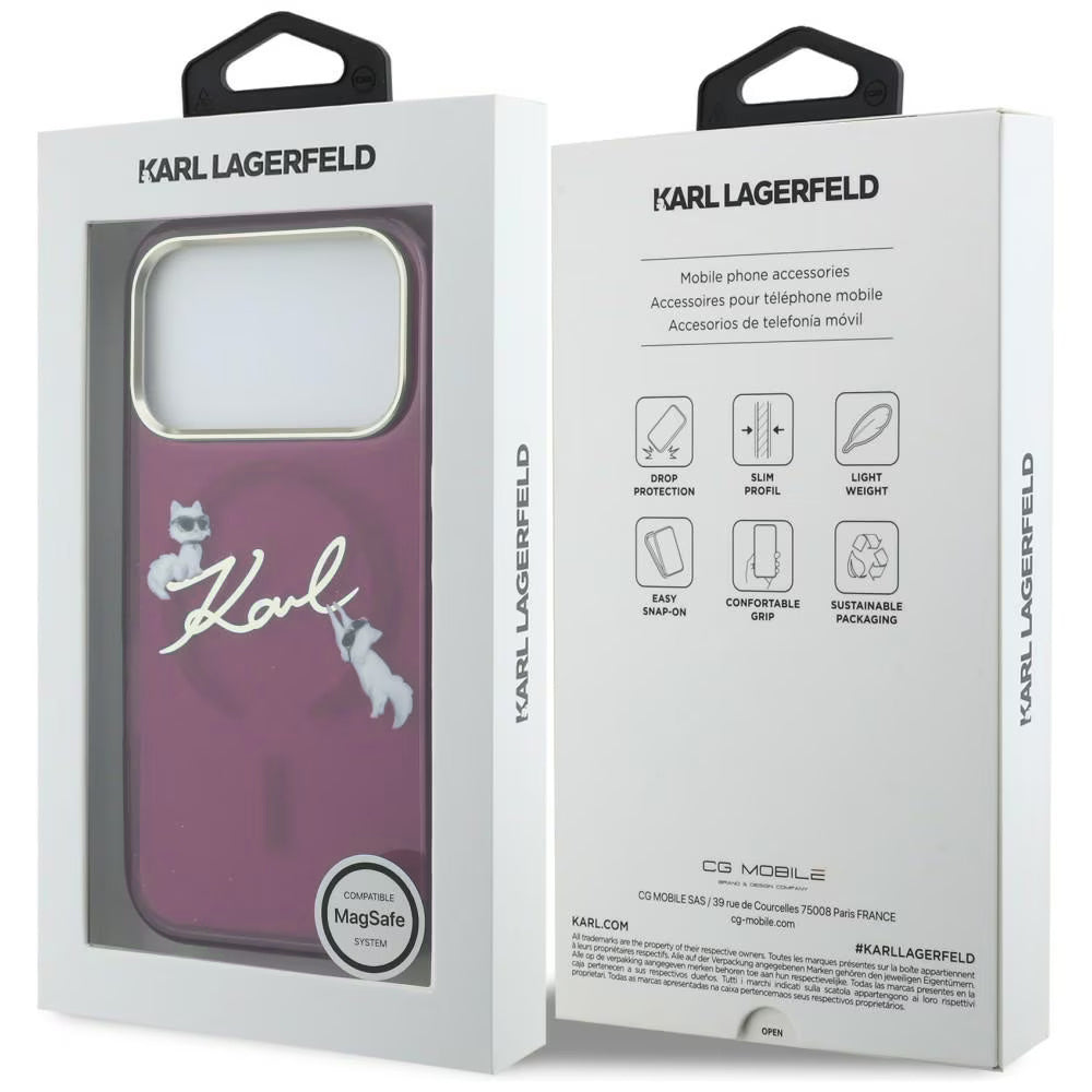 Coque MagSafe pour Apple iPhone 18 Pro / 17 Pro, Karl Lagerfeld, IML Choupette Karl Script Logo, Bordeaux
