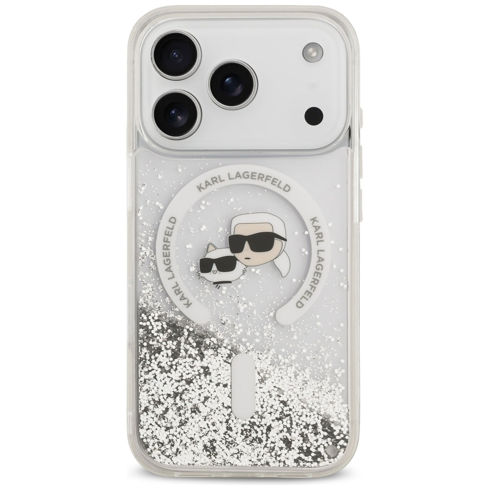 Coque MagSafe pour Apple iPhone 18 Pro / 17 Pro, Karl Lagerfeld, Liquid Glitter Karl & Choupette Head's, Transparente
