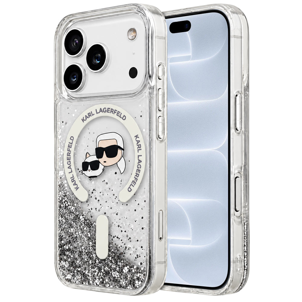 Coque MagSafe pour Apple iPhone 18 Pro / 17 Pro, Karl Lagerfeld, Liquid Glitter Karl & Choupette Head's, Transparente