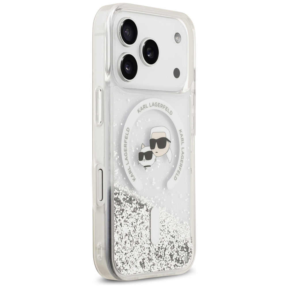 Coque MagSafe pour Apple iPhone 18 Pro / 17 Pro, Karl Lagerfeld, Liquid Glitter Karl & Choupette Head's, Transparente