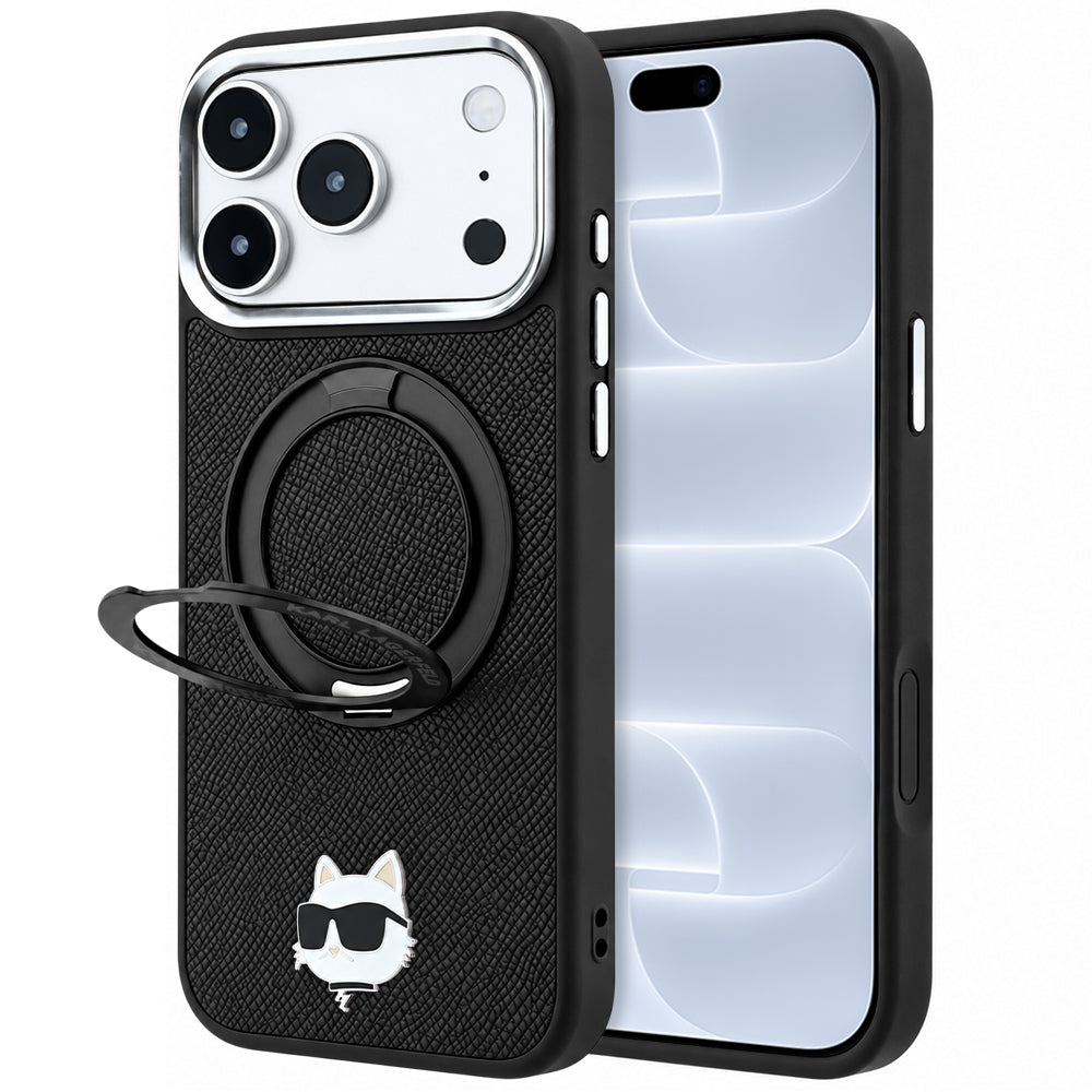 Coque MagSafe pour Apple iPhone 18 Pro / 17 Pro, Karl Lagerfeld, Support Anneau 360 Choupette Pin, Noire