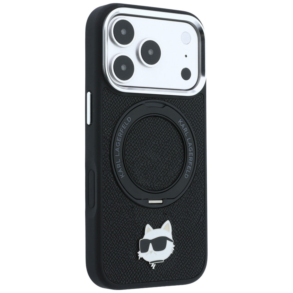 Coque MagSafe pour Apple iPhone 18 Pro / 17 Pro, Karl Lagerfeld, Support Anneau 360 Choupette Pin, Noire
