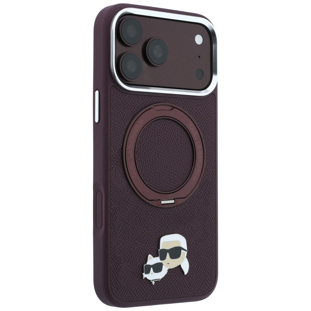 Coque MagSafe pour Apple iPhone 18 Pro / 17 Pro, Karl Lagerfeld, Support Anneau 360 Karl & Broche Choupette, Bordeaux
