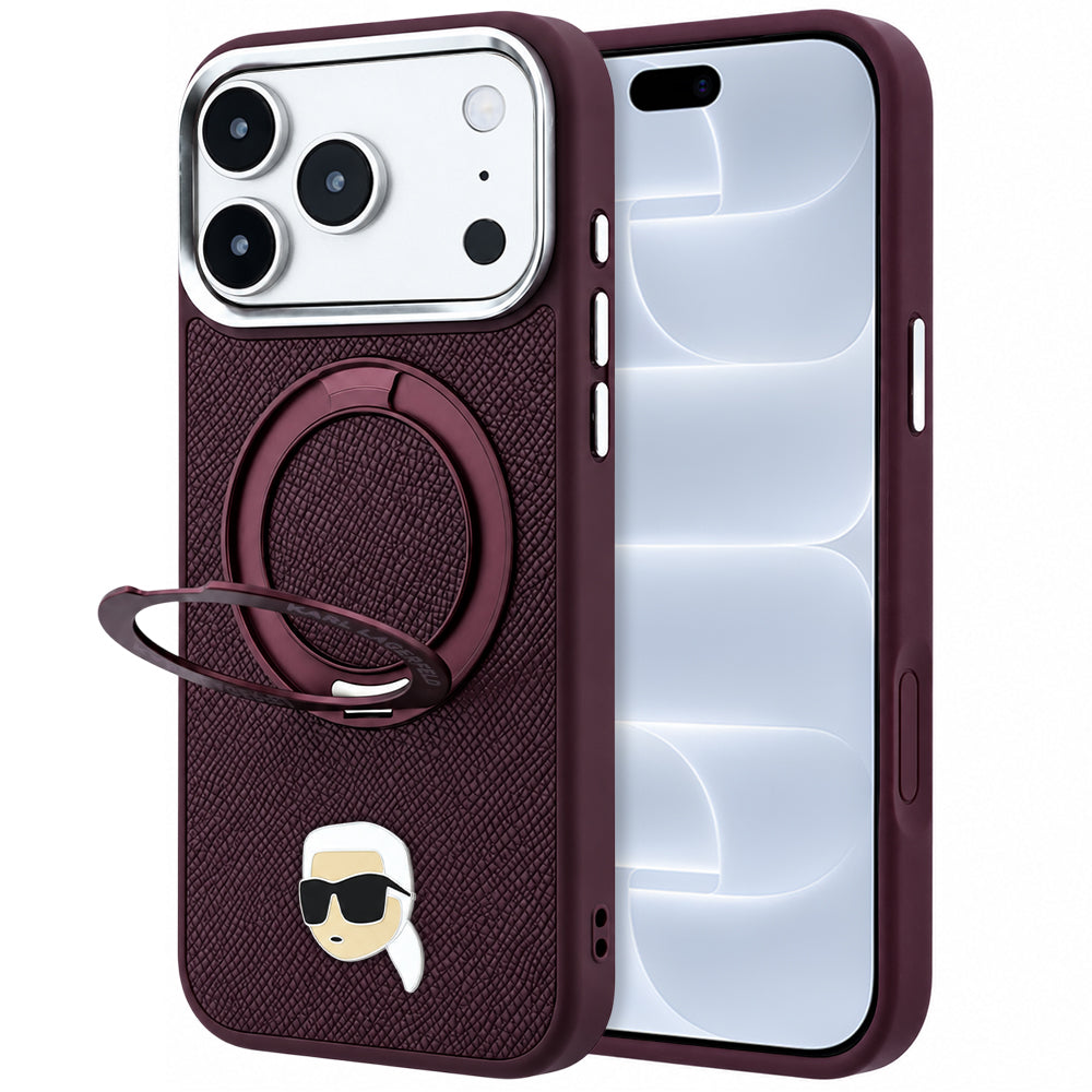 Coque MagSafe pour Apple iPhone 18 Pro / 17 Pro, Karl Lagerfeld, Ring Stand 360 Karl Pin, Bordeaux