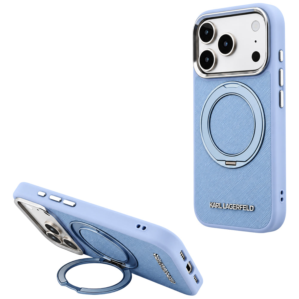 Coque MagSafe pour Apple iPhone 18 Pro / 17 Pro, Karl Lagerfeld, Support Anneau 360 Saffiano, Bleu