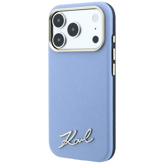 Coque MagSafe pour Apple iPhone 18 Pro / 17 Pro, Karl Lagerfeld, Logo Métal Petit Script Saffiano, Bleu
