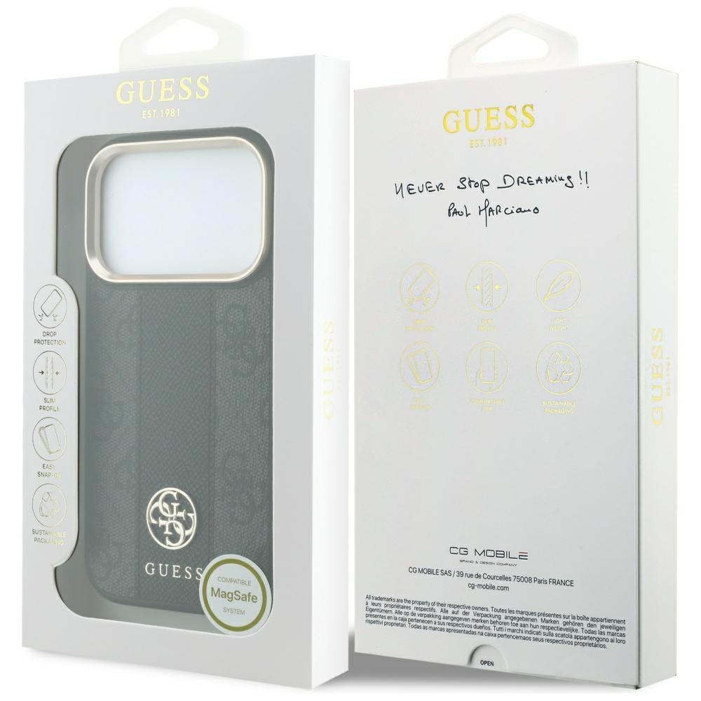 Coque MagSafe pour Apple iPhone 18 Pro Max / 17 Pro Max, Guess, Logo Classique Rond 4G Stripe, Noire