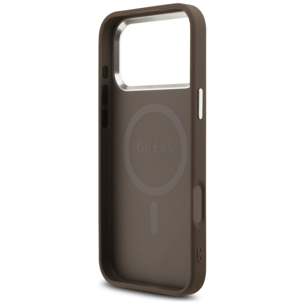 Coque MagSafe pour Apple iPhone 18 Pro Max / 17 Pro Max, Guess, Logo Triangle 4G, Marron Argenté