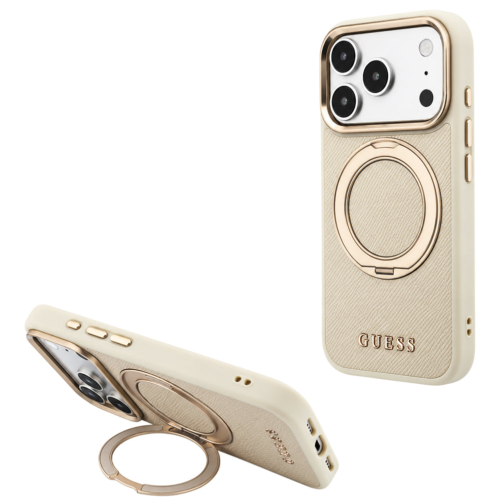 Coque MagSafe pour Apple iPhone 18 Pro Max / 17 Pro Max, Guess, Support Anneau Grainé 360 Classic, Beige
