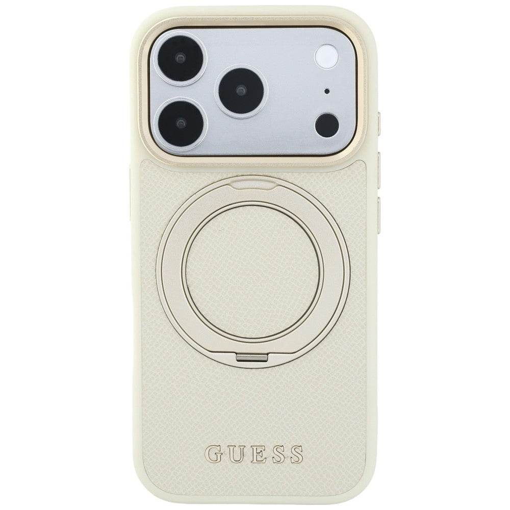 Coque MagSafe pour Apple iPhone 18 Pro Max / 17 Pro Max, Guess, Support Anneau Grainé 360 Classic, Beige