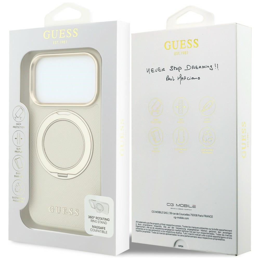 Coque MagSafe pour Apple iPhone 18 Pro Max / 17 Pro Max, Guess, Support Anneau Grainé 360 Classic, Beige