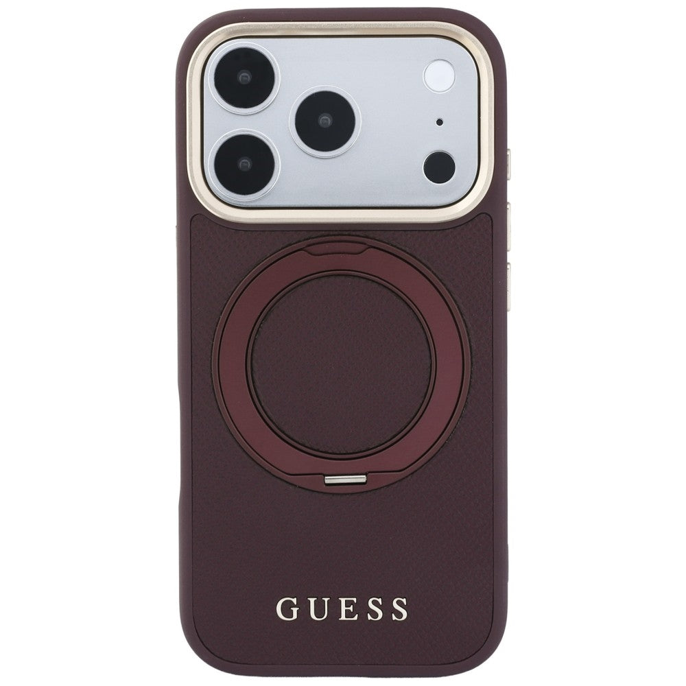 Coque MagSafe pour Apple iPhone 18 Pro Max / 17 Pro Max, Guess, Support Anneau Grainé 360 Classic, Bordeaux