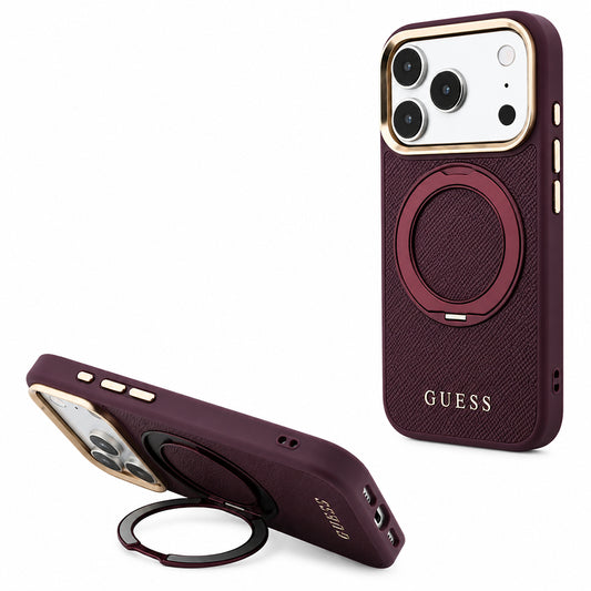 Coque MagSafe pour Apple iPhone 18 Pro Max / 17 Pro Max, Guess, Support Anneau Grainé 360 Classic, Bordeaux