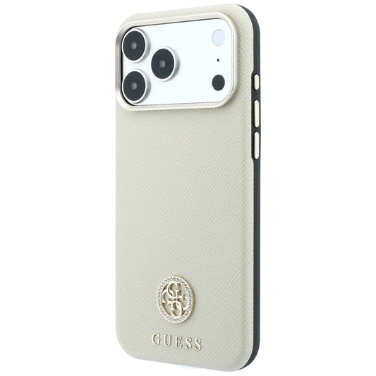 Coque MagSafe pour Apple iPhone 18 Pro Max / 17 Pro Max, Guess, Logo Strass Rond Grainé, Beige