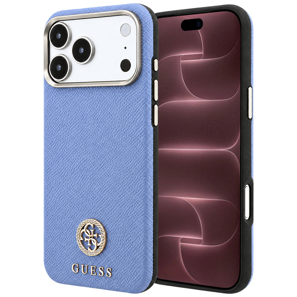 Coque MagSafe pour Apple iPhone 18 Pro Max / 17 Pro Max, Guess, Logo Strass Rond Grainé, Bleu