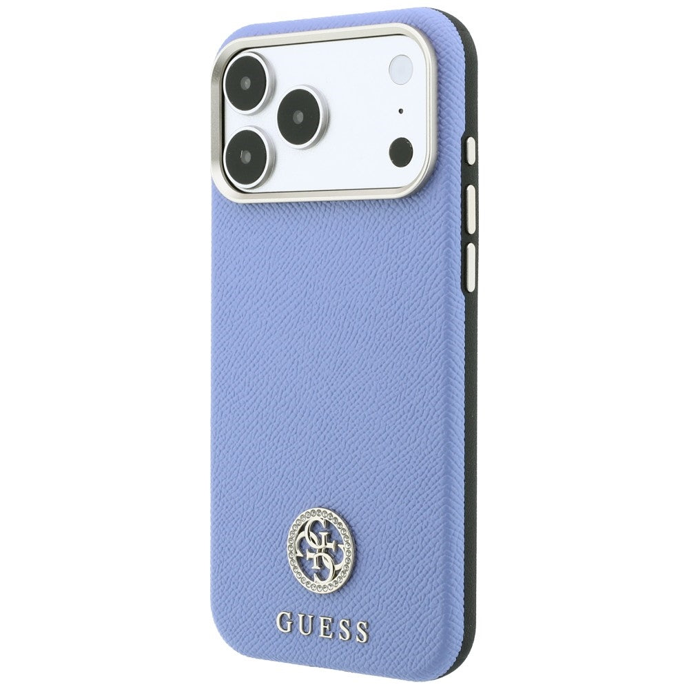 Coque MagSafe pour Apple iPhone 18 Pro Max / 17 Pro Max, Guess, Logo Strass Rond Grainé, Bleu