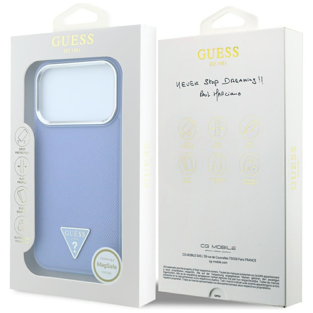 Coque MagSafe pour Apple iPhone 18 Pro Max / 17 Pro Max, Guess, Logo Triangle Grainé, Bleu