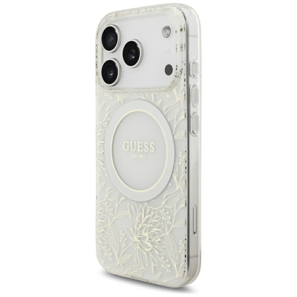Coque MagSafe pour Apple iPhone 18 Pro Max / 17 Pro Max, Guess, Fleurs IML Électroplaquées avec Bracelet Perle, Blanc