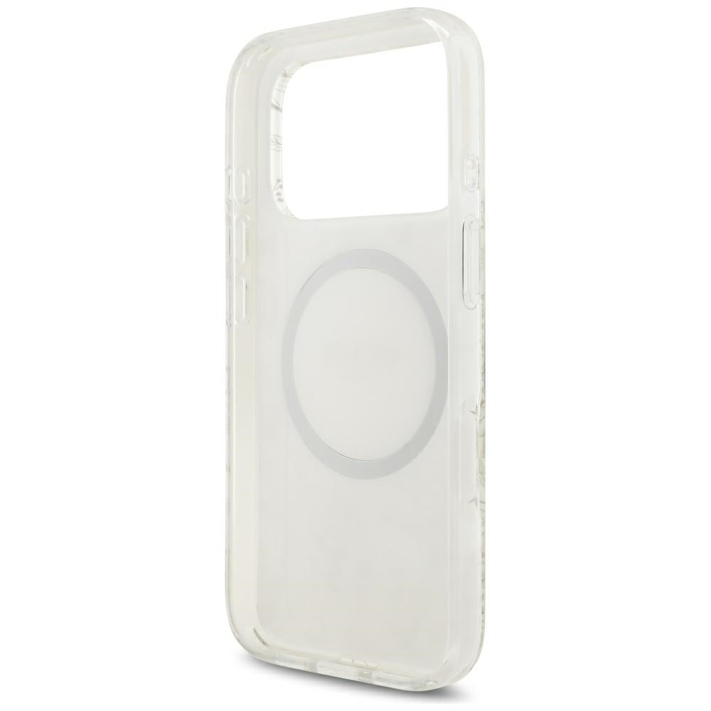 Coque MagSafe pour Apple iPhone 18 Pro Max / 17 Pro Max, Guess, Fleurs IML Électroplaquées avec Bracelet Perle, Blanc