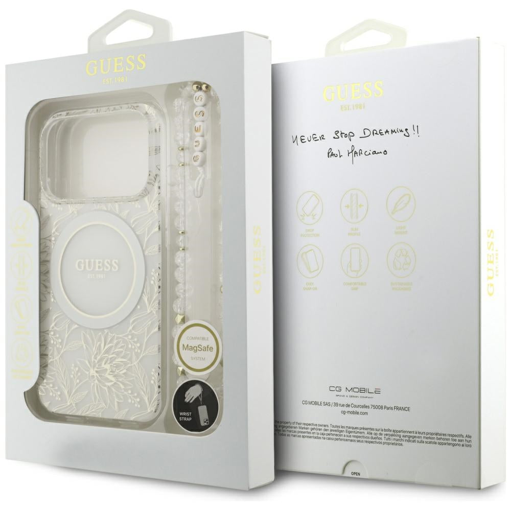Coque MagSafe pour Apple iPhone 18 Pro Max / 17 Pro Max, Guess, Fleurs IML Électroplaquées avec Bracelet Perle, Blanc