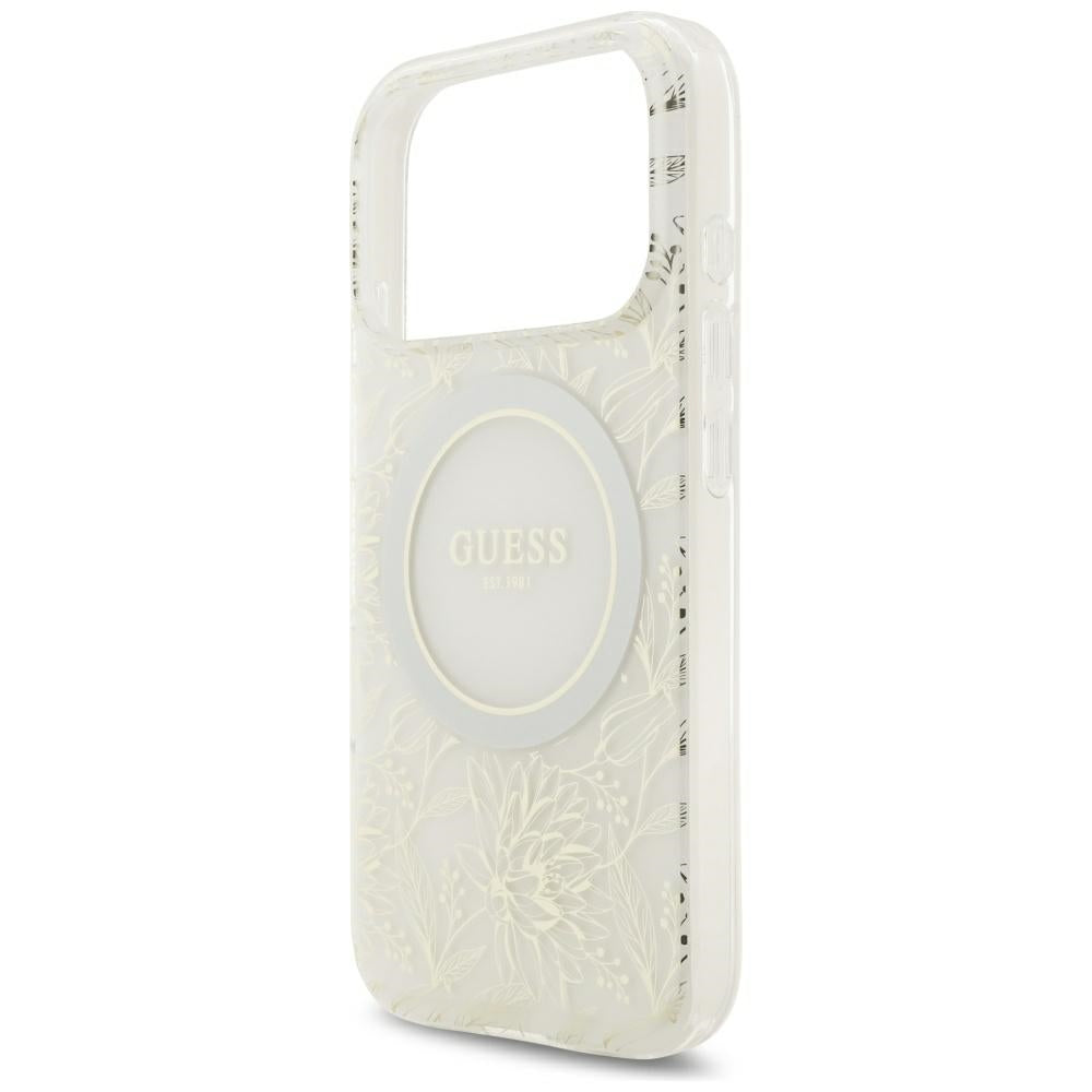 Coque MagSafe pour Apple iPhone 18 Pro Max / 17 Pro Max, Guess, Fleurs IML Électroplaquées avec Bracelet Perle, Blanc