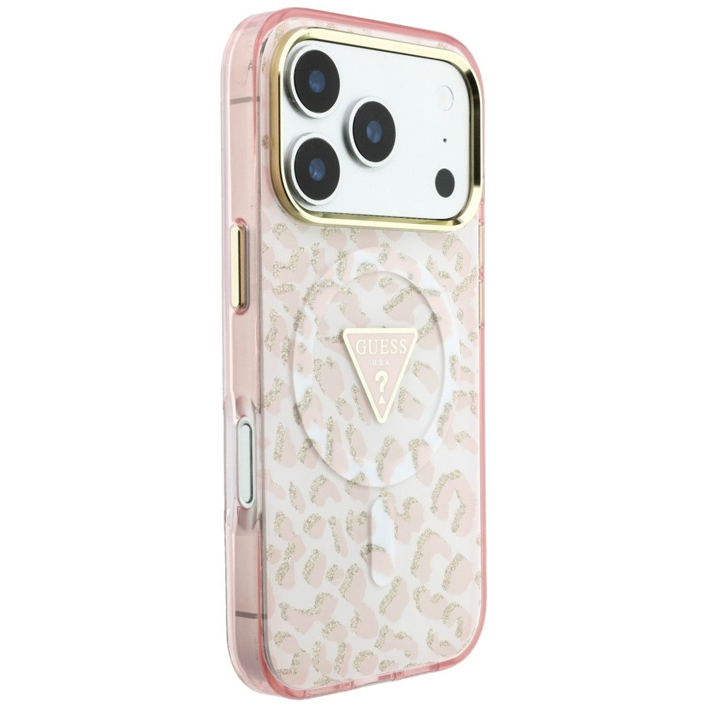 Coque MagSafe pour Apple iPhone 18 Pro Max / 17 Pro Max, Guess, Logo Triangle Paillettes Léopard, Rose
