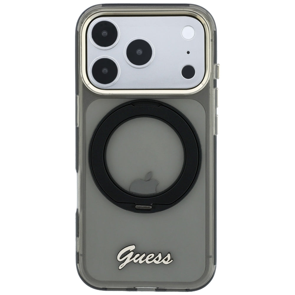 Coque MagSafe pour Apple iPhone 18 Pro Max / 17 Pro Max, Guess, Support Anneau Logo Métal Script, Noire