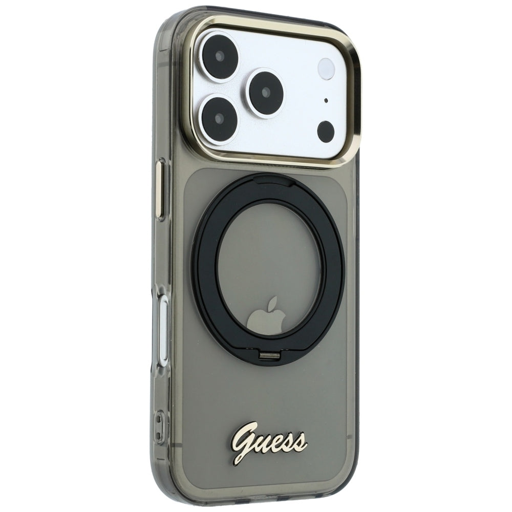 Coque MagSafe pour Apple iPhone 18 Pro Max / 17 Pro Max, Guess, Support Anneau Logo Métal Script, Noire
