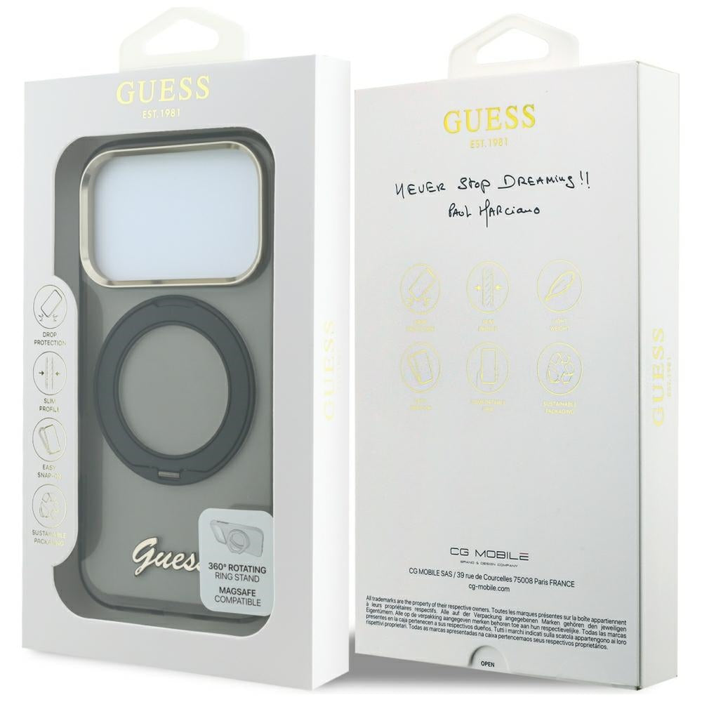 Coque MagSafe pour Apple iPhone 18 Pro Max / 17 Pro Max, Guess, Support Anneau Logo Métal Script, Noire