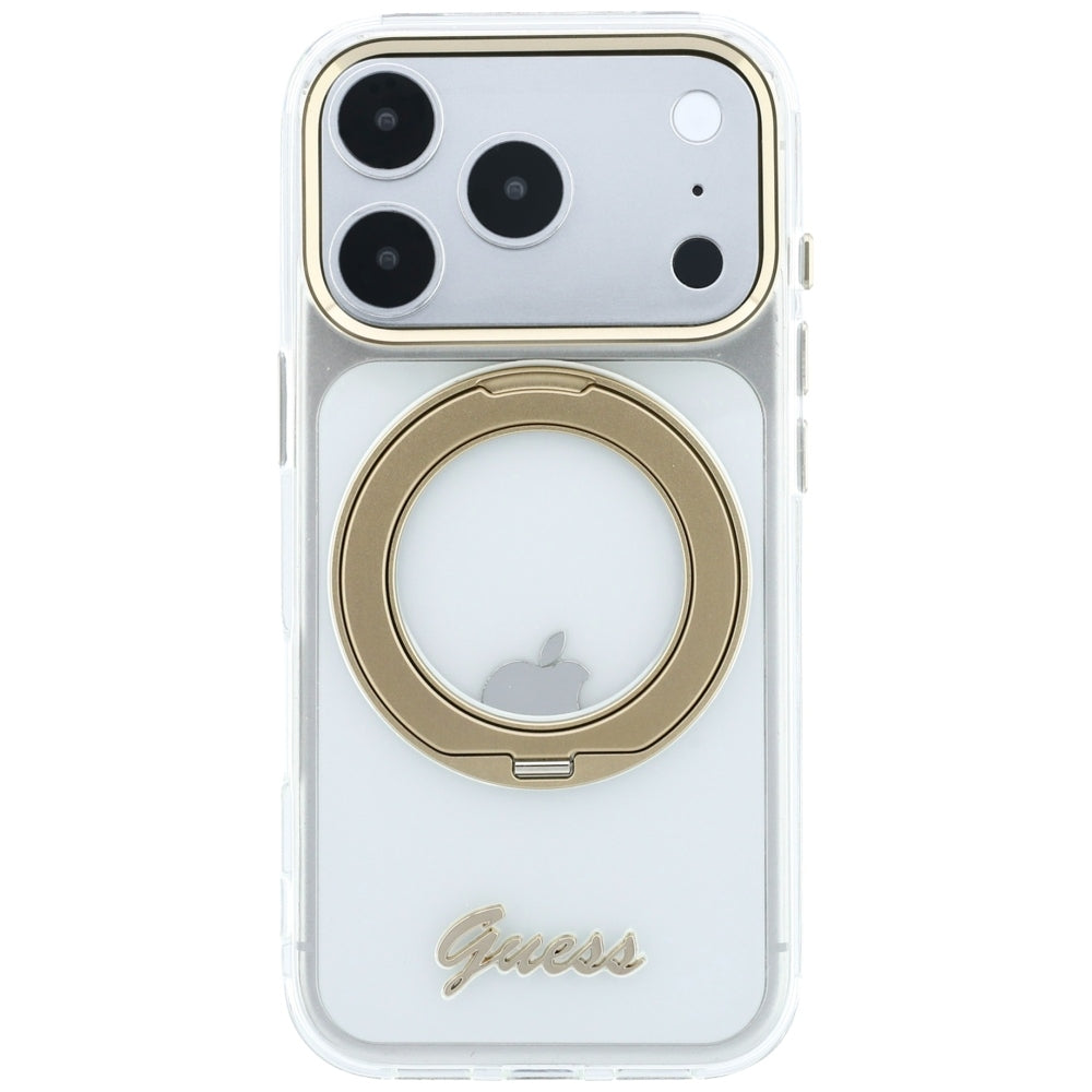 Coque MagSafe pour Apple iPhone 18 Pro Max / 17 Pro Max, Guess, Support Anneau Logo Métal Script, Transparente