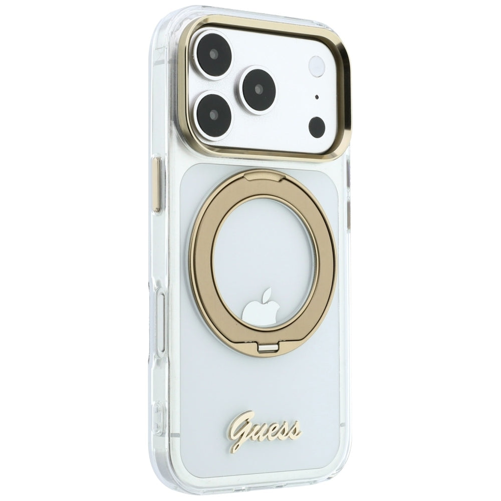 Coque MagSafe pour Apple iPhone 18 Pro Max / 17 Pro Max, Guess, Support Anneau Logo Métal Script, Transparente